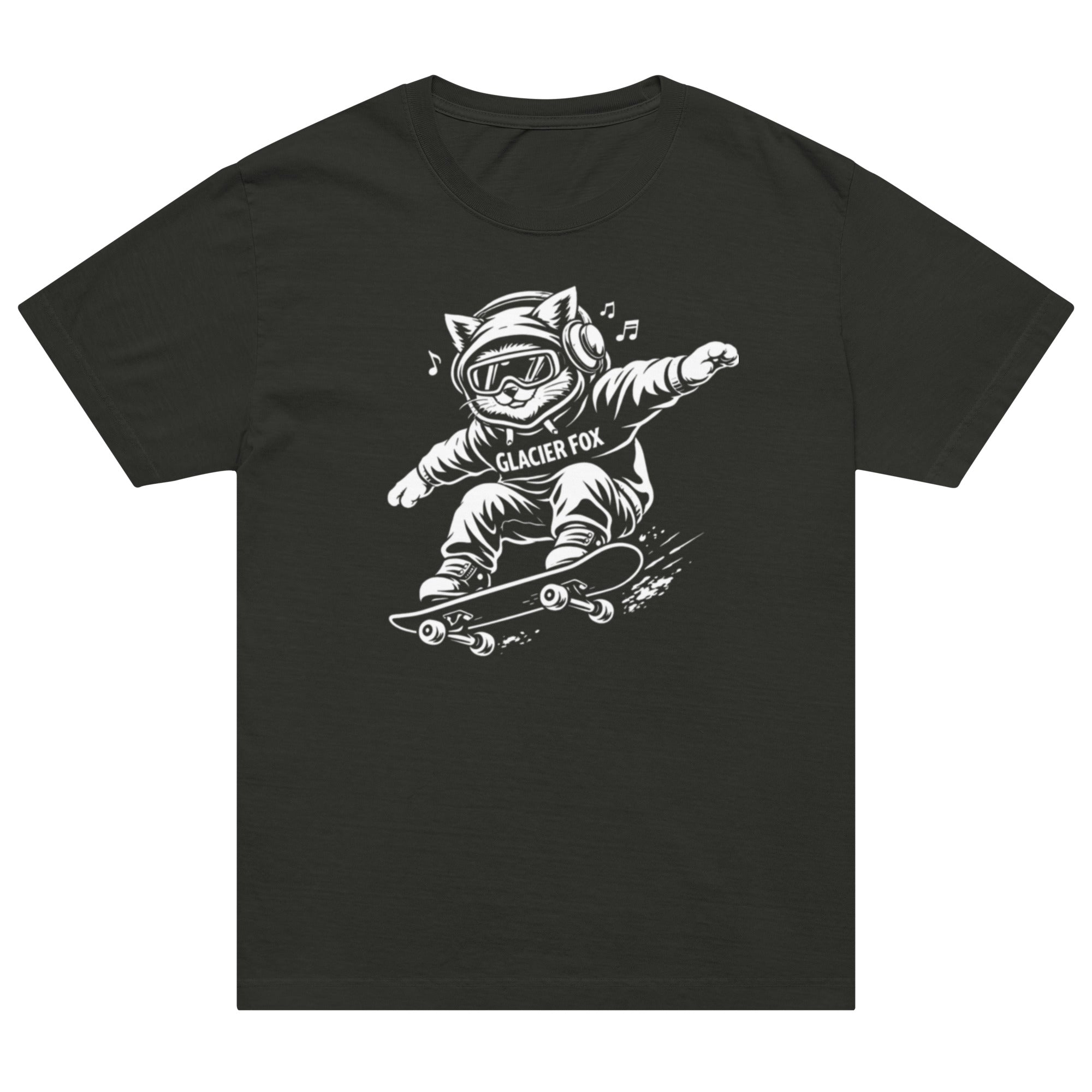 GlacierFox Skateboarding Gilbert men’s t-shirt featuring the Gilbert the GlacierFox character design and oversized modern streetwear fit in Washed Black