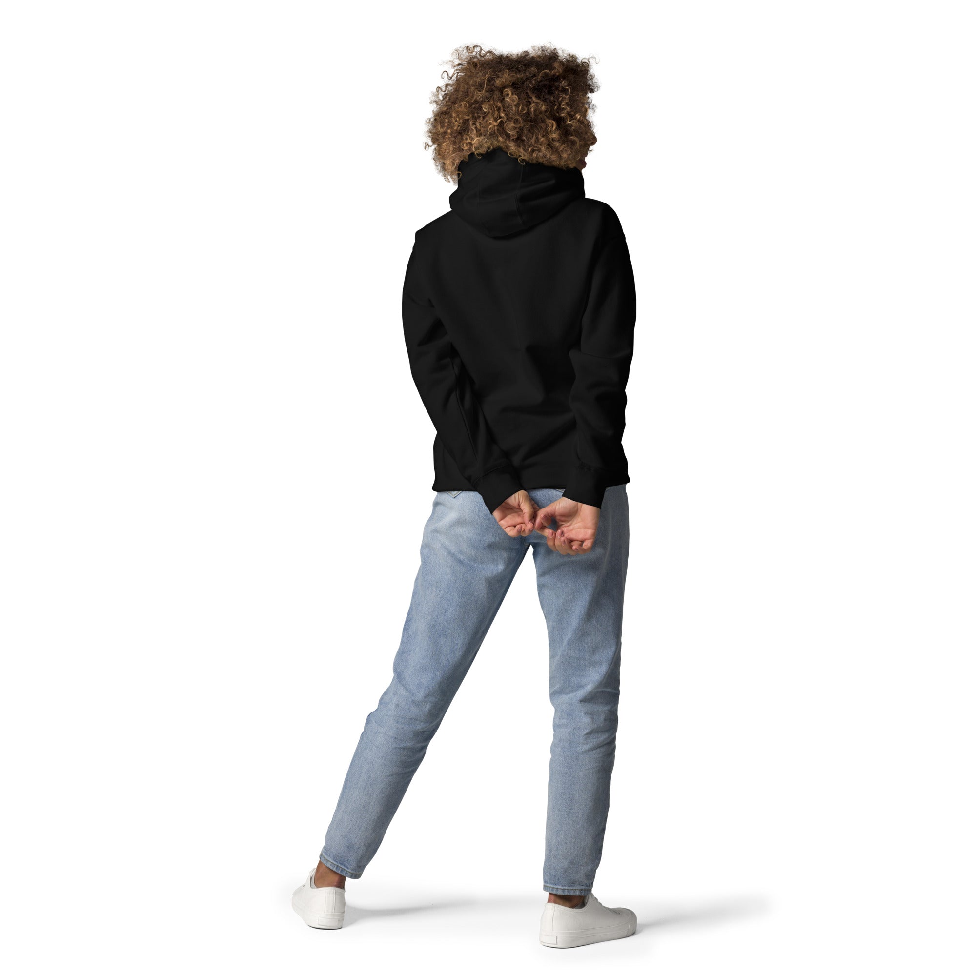 Back view of model wearing GlacierFox Skateboarding Gilbert women’s hoodie showing clean minimalist sweatshirt design and streetwear fit in Black