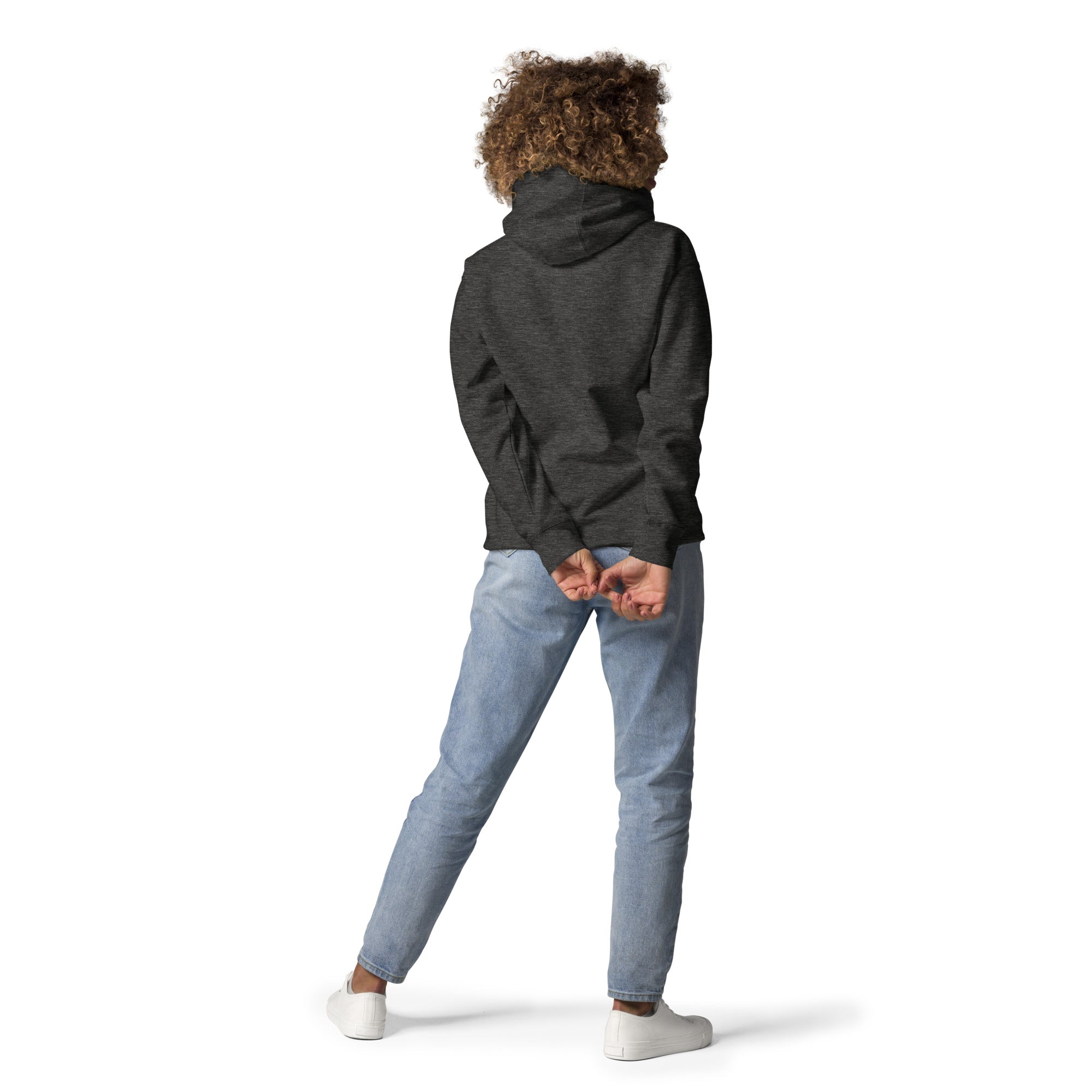 Back view of model wearing GlacierFox Skateboarding Gilbert women’s hoodie showing clean minimalist sweatshirt design and streetwear fit in Charcoal Heather