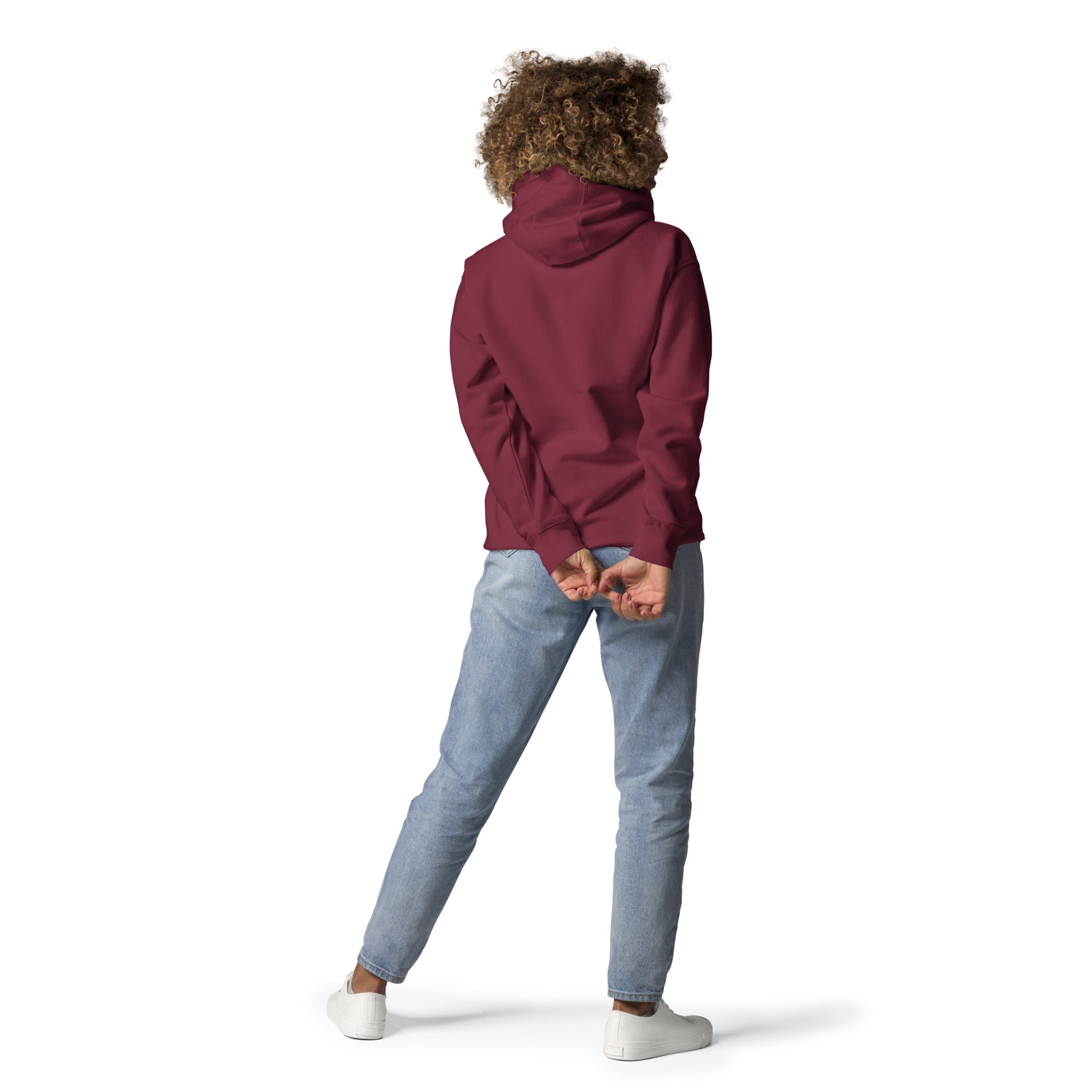 Back view of model wearing GlacierFox Skateboarding Gilbert women’s hoodie showing clean minimalist sweatshirt design and streetwear fit in Maroon