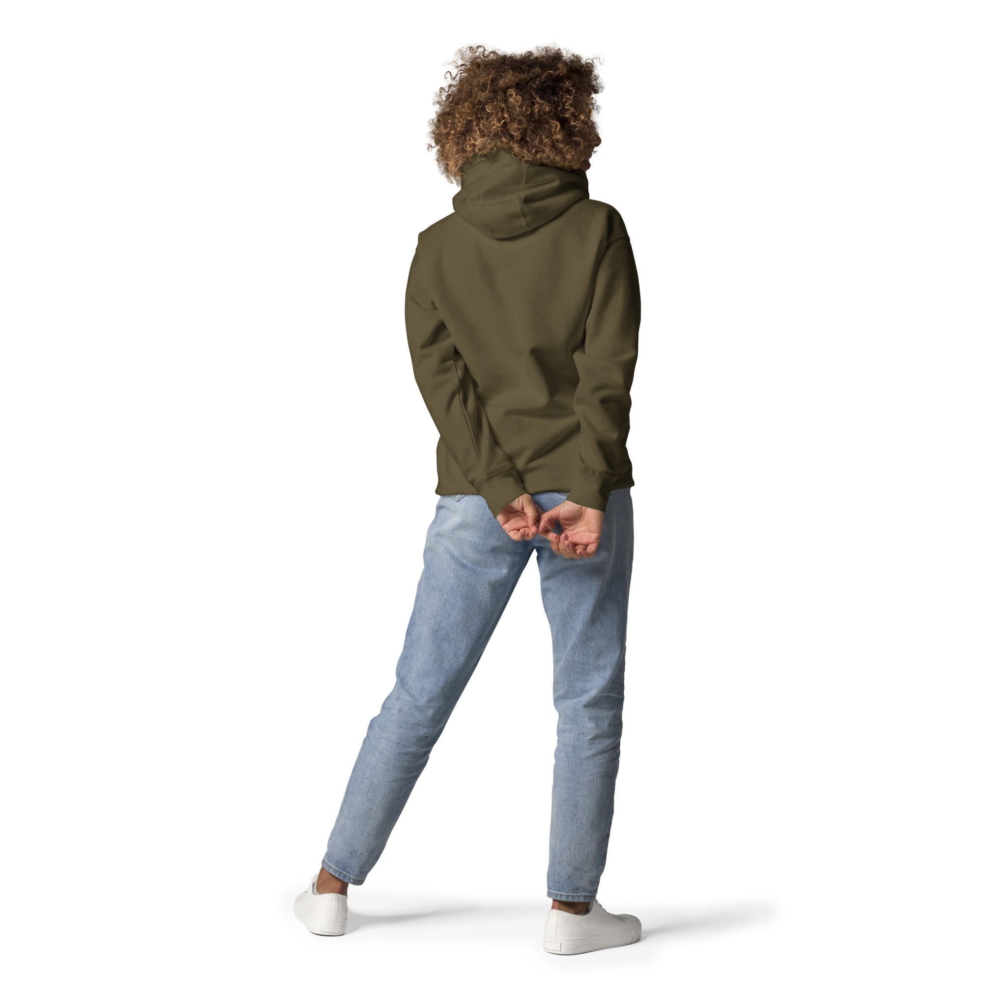 Back view of model wearing GlacierFox Skateboarding Gilbert women’s hoodie showing clean minimalist sweatshirt design and streetwear fit in Military Green