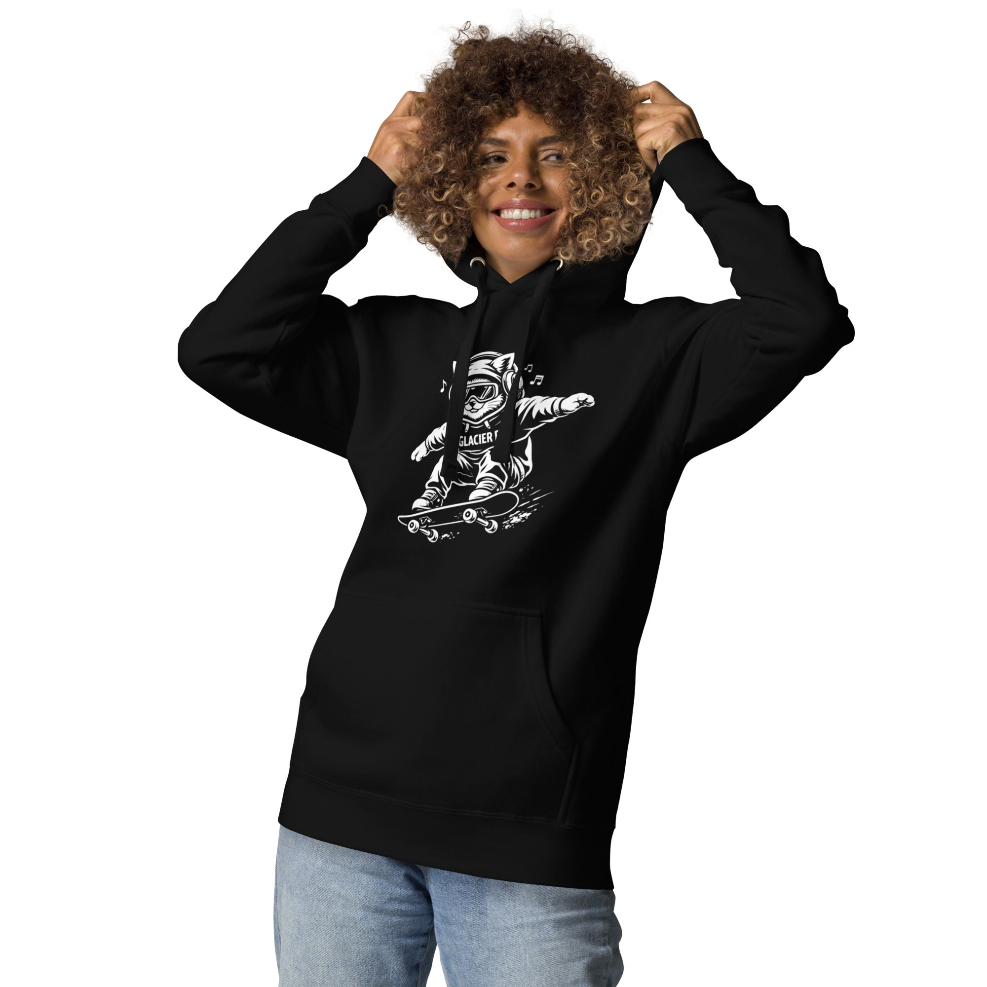 Model wearing GlacierFox Skateboarding Gilbert women’s hoodie featuring the Gilbert the GlacierFox character design and modern streetwear fit in Black