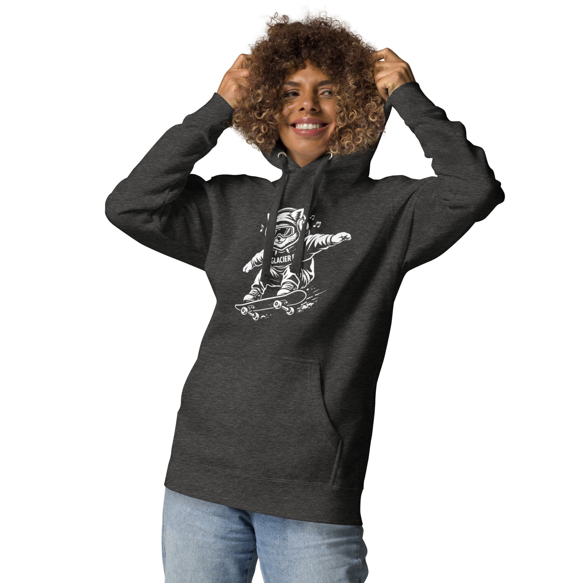 Model wearing GlacierFox Skateboarding Gilbert women’s hoodie featuring the Gilbert the GlacierFox character design and modern streetwear fit in Charcoal Heather

