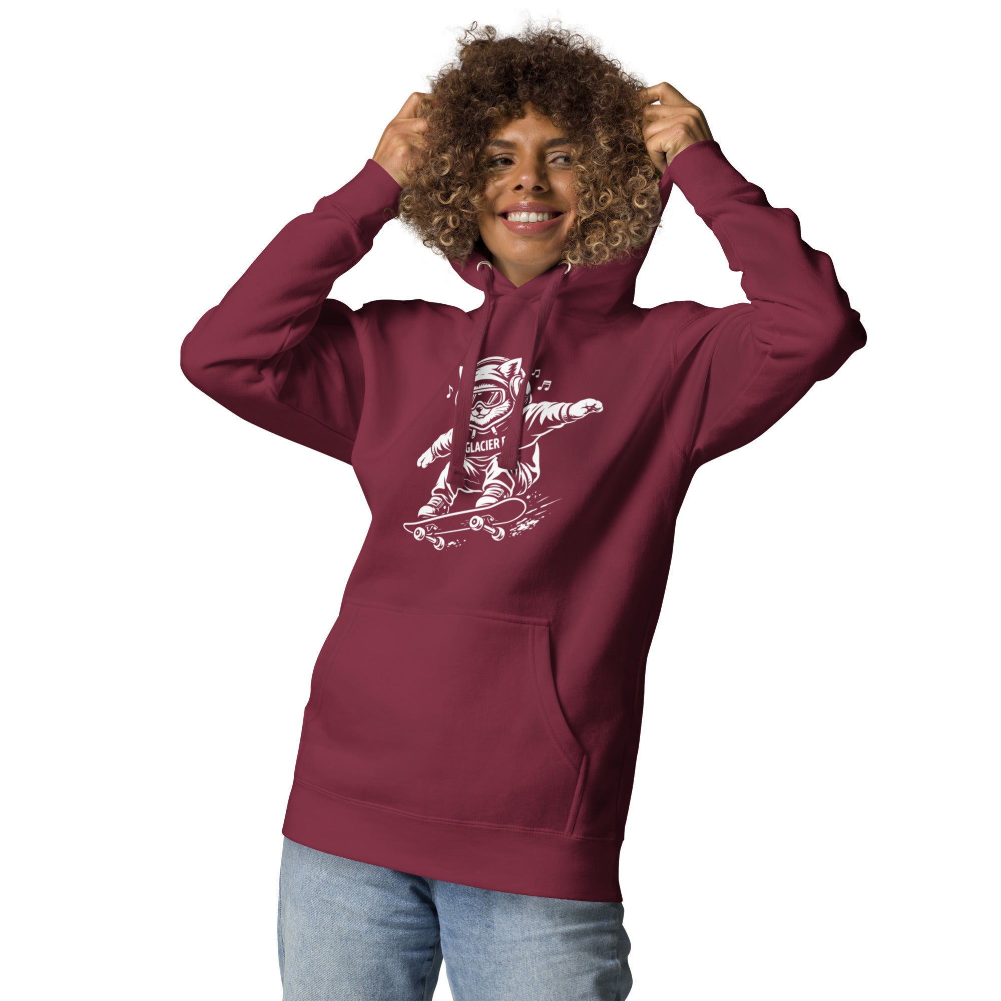 Model wearing GlacierFox Skateboarding Gilbert women’s hoodie featuring the Gilbert the GlacierFox character design and modern streetwear fit in Maroon