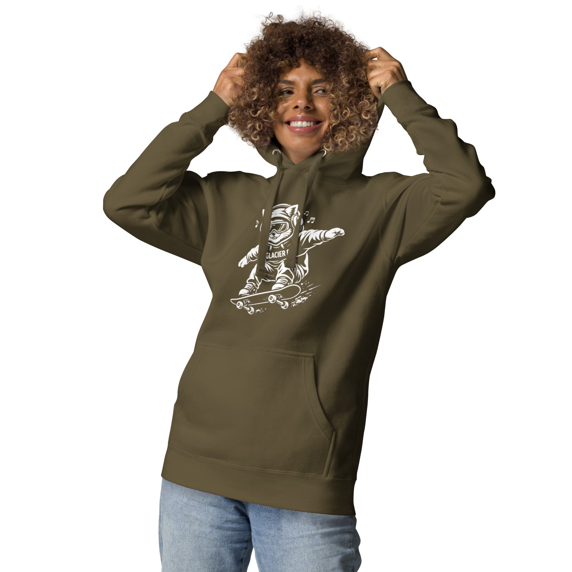Model wearing GlacierFox Skateboarding Gilbert women’s hoodie featuring the Gilbert the GlacierFox character design and modern streetwear fit in Military Green