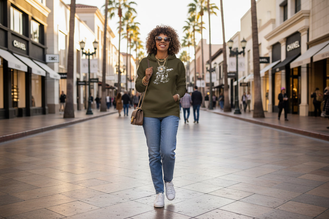 Model wearing GlacierFox Skateboarding Gilbert women’s hoodie featuring the Gilbert the GlacierFox character design and modern streetwear fit in Military Green
