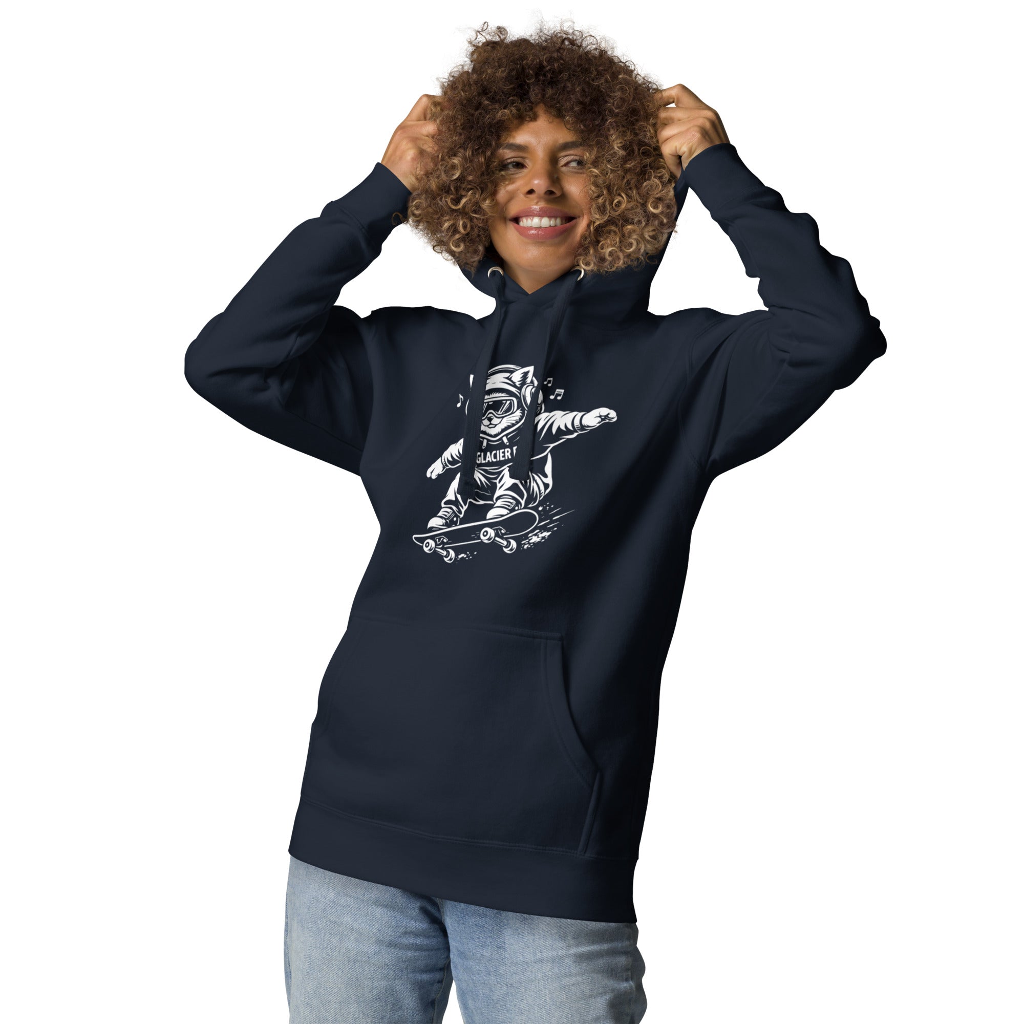 Model wearing GlacierFox Skateboarding Gilbert women’s hoodie featuring the Gilbert the GlacierFox character design and modern streetwear fit in Navy Blazer