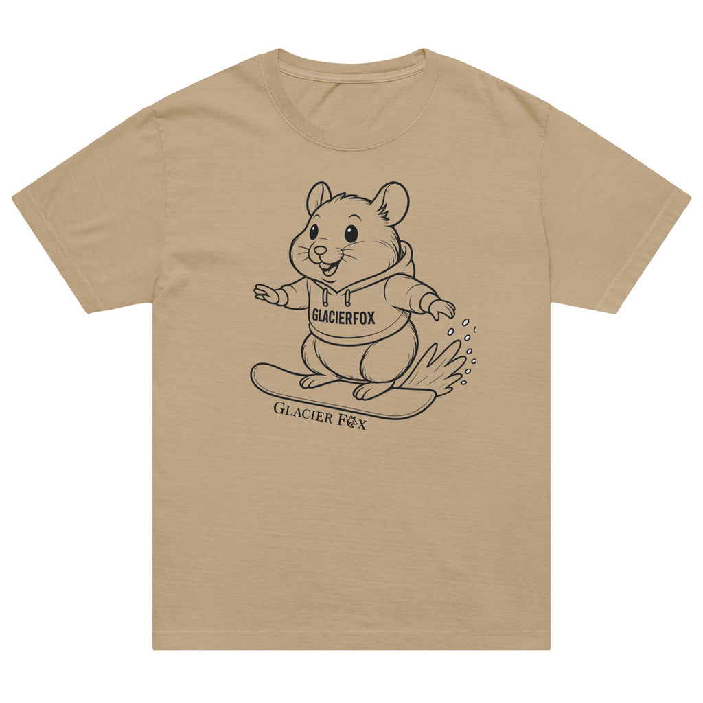 GlacierFox Snowboarding Mr Cheeks men’s t-shirt featuring the Mr Cheeks hamster character design and oversized modern streetwear fit in Khaki