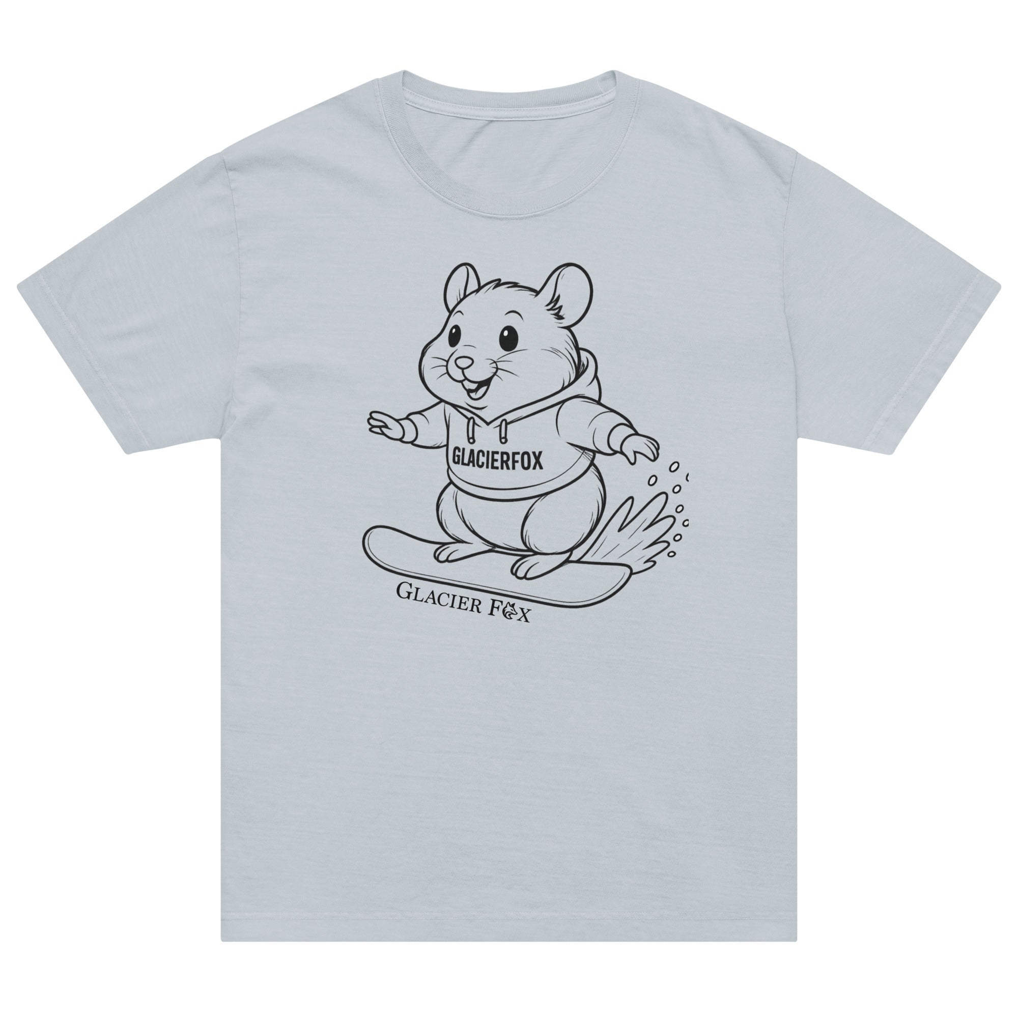 GlacierFox Snowboarding Mr Cheeks men’s t-shirt featuring the Mr Cheeks hamster character design and oversized modern streetwear fit in Light Washed Denim