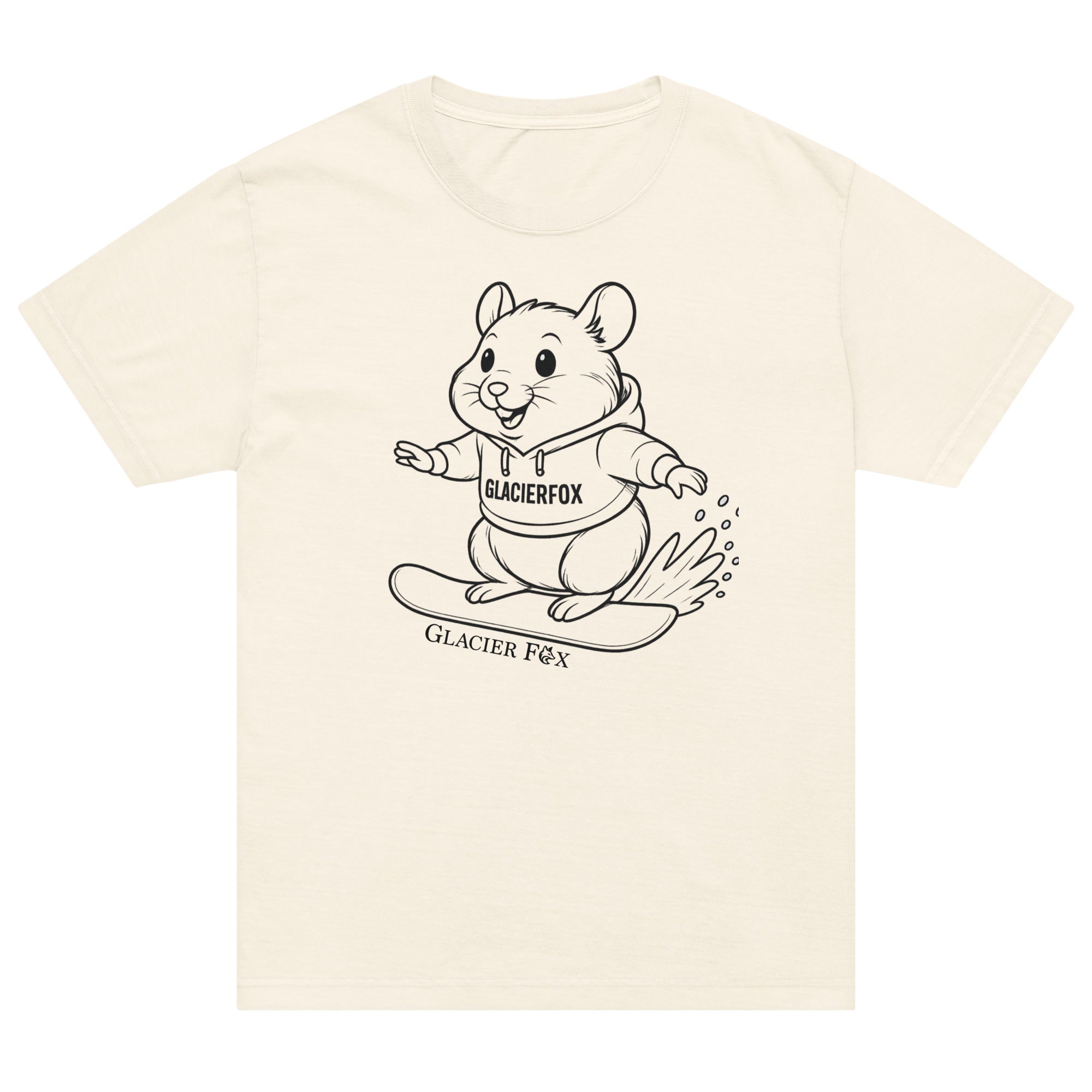 GlacierFox Snowboarding Mr Cheeks men’s t-shirt featuring the Mr Cheeks hamster character design and oversized modern streetwear fit in Vintage White 