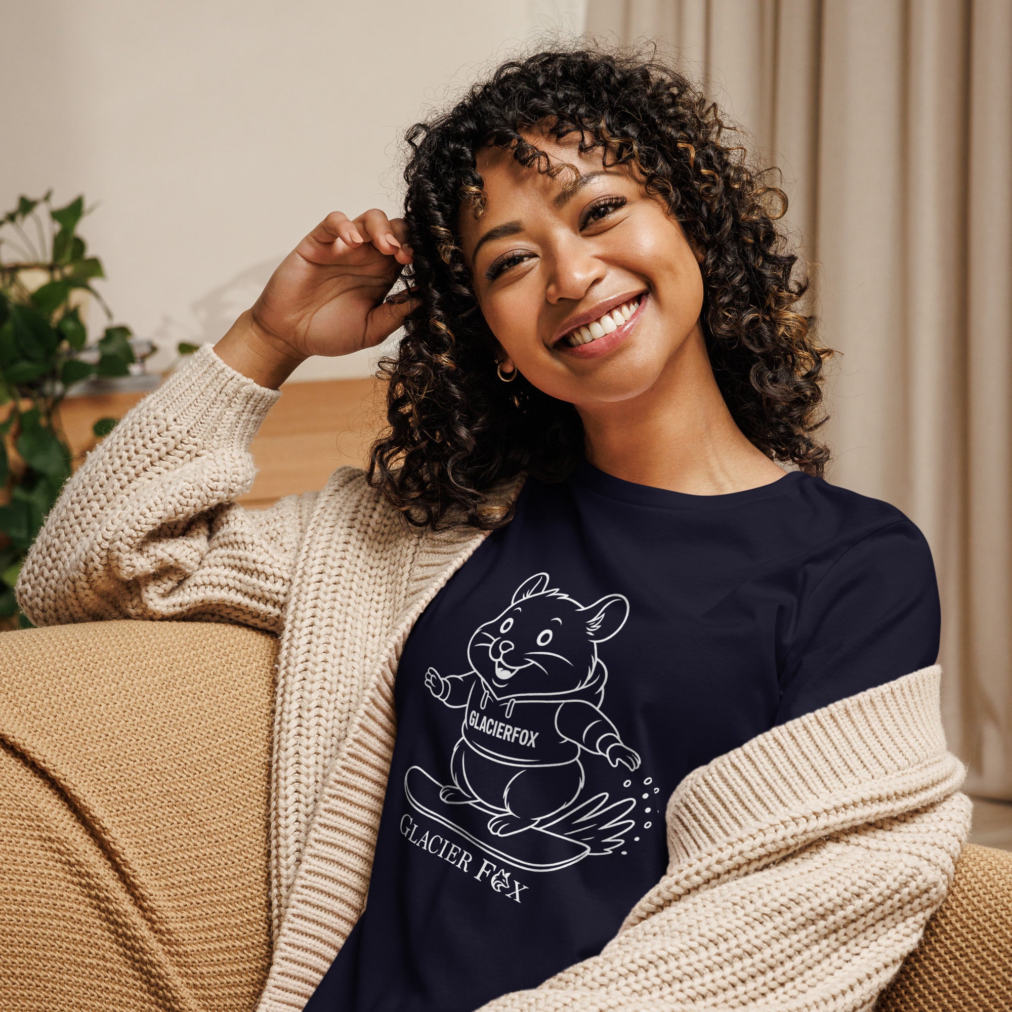 Model wearing GlacierFox Snowboarding Mr Cheeks women’s t-shirt featuring the Mr Cheeks hamster character design and relaxed modern streetwear fit in Navy