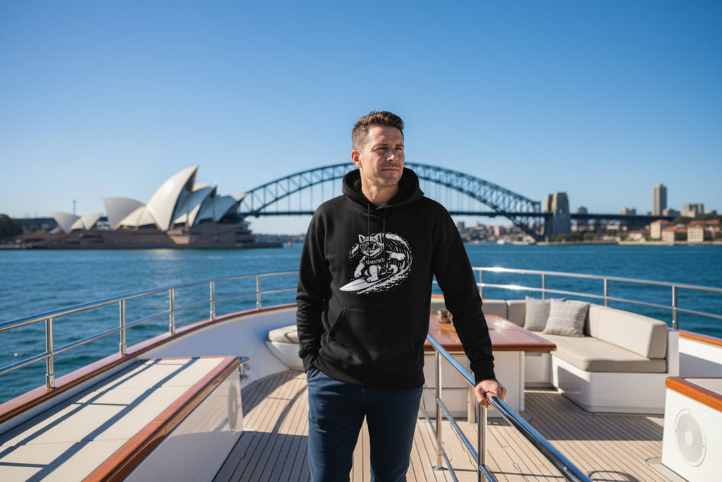 GlacierFox Surfing Gilbert men’s hoodie featuring the Gilbert the GlacierFox character design and oversized modern streetwear fit in Black