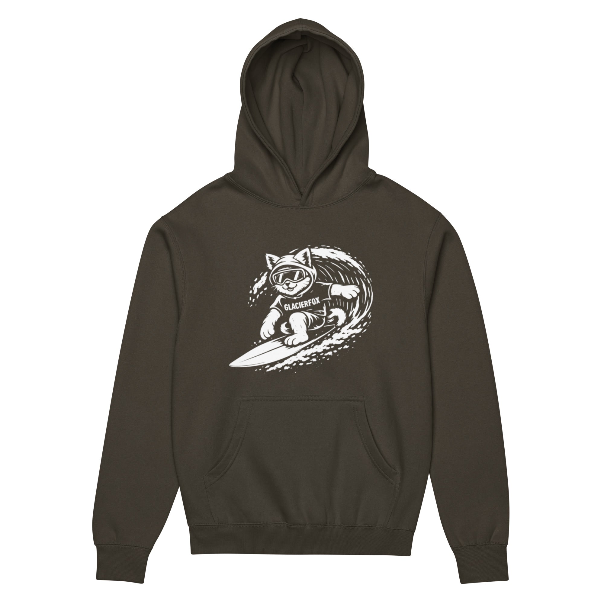 GlacierFox Surfing Gilbert men’s hoodie featuring the Gilbert the GlacierFox character design and oversized modern streetwear fit in Vintage Black