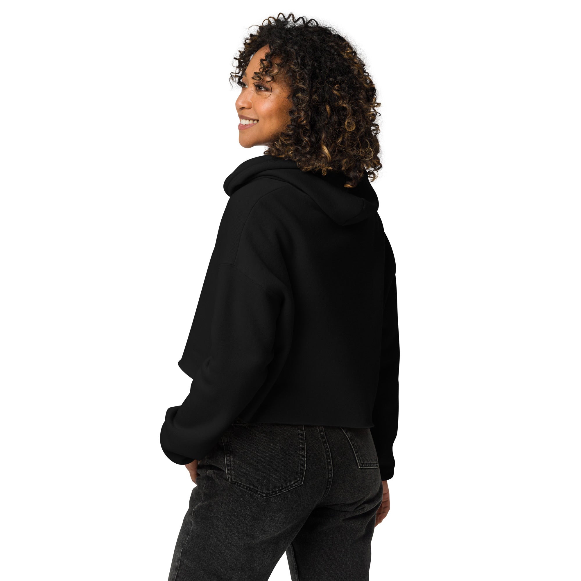 Back view of model wearing GlacierFox Surfing Gilbert women’s crop hoodie showing clean minimalist back, cropped silhouette, and streetwear fit in Black
