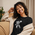 Model wearing GlacierFox women’s Gilbert Slam Dunk t-shirt featuring the Gilbert basketball character graphic on the front in Black