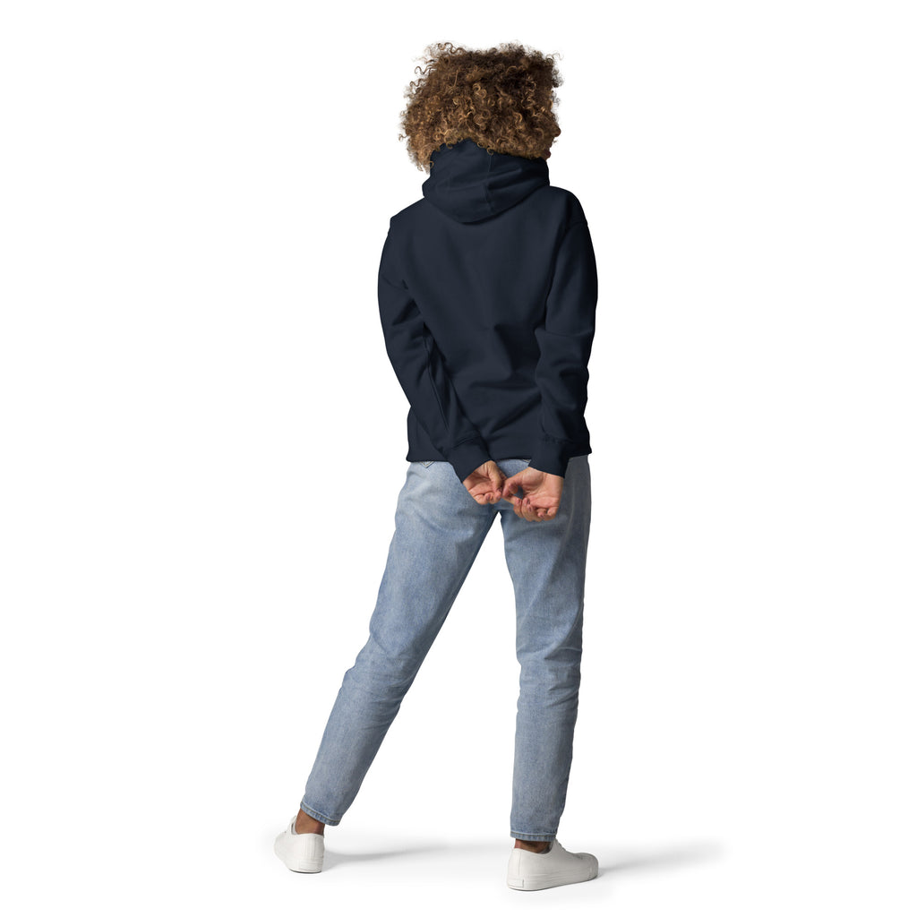 Back view of model wearing GlacierFox women’s Mr Cheeks Quarterback hoodie showing clean minimalist back and relaxed fit in Navy