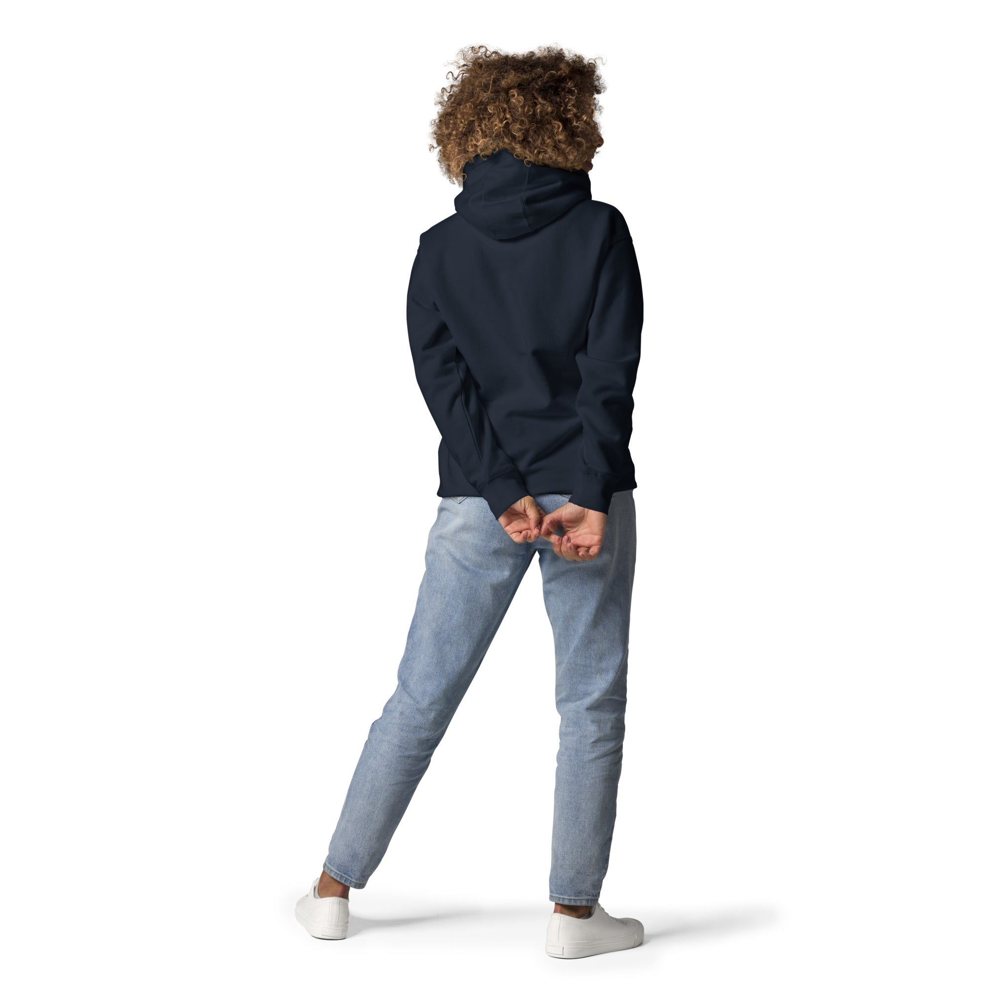 Back view of model wearing GlacierFox women’s Mr Cheeks Quarterback hoodie showing clean minimalist back and relaxed fit in Navy