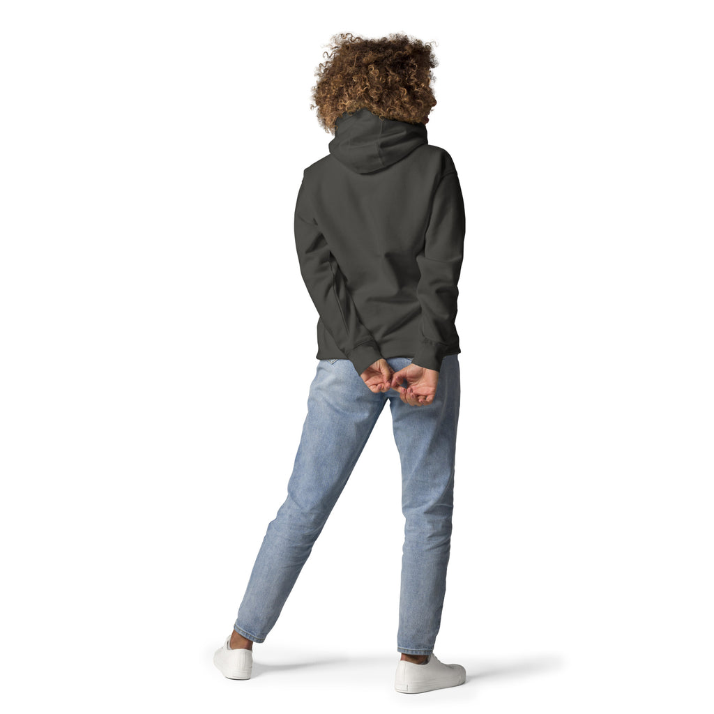 Back view of model wearing GlacierFox women’s Mr Cheeks Quarterback hoodie showing clean minimalist back and relaxed fit in Vintage Black