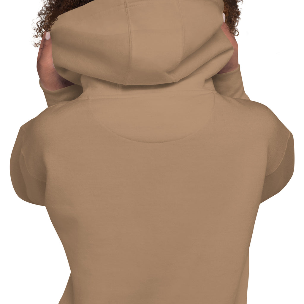 Close-up of the back of the GlacierFox Women’s Slam Dunk Gilbert Hoodie showing clean minimalist sweatshirt design and smooth fabric finish in latte