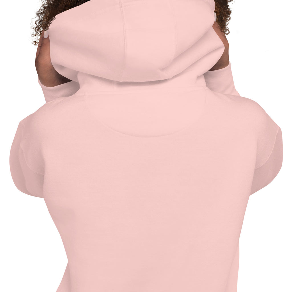 Close-up of the back of the GlacierFox Women’s Slam Dunk Gilbert Hoodie showing clean minimalist sweatshirt design and smooth fabric finish in light pink