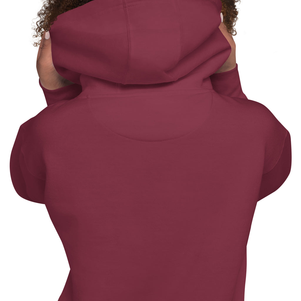Close-up of the back of the GlacierFox Women’s Slam Dunk Gilbert Hoodie showing clean minimalist sweatshirt design and smooth fabric finish in maroon