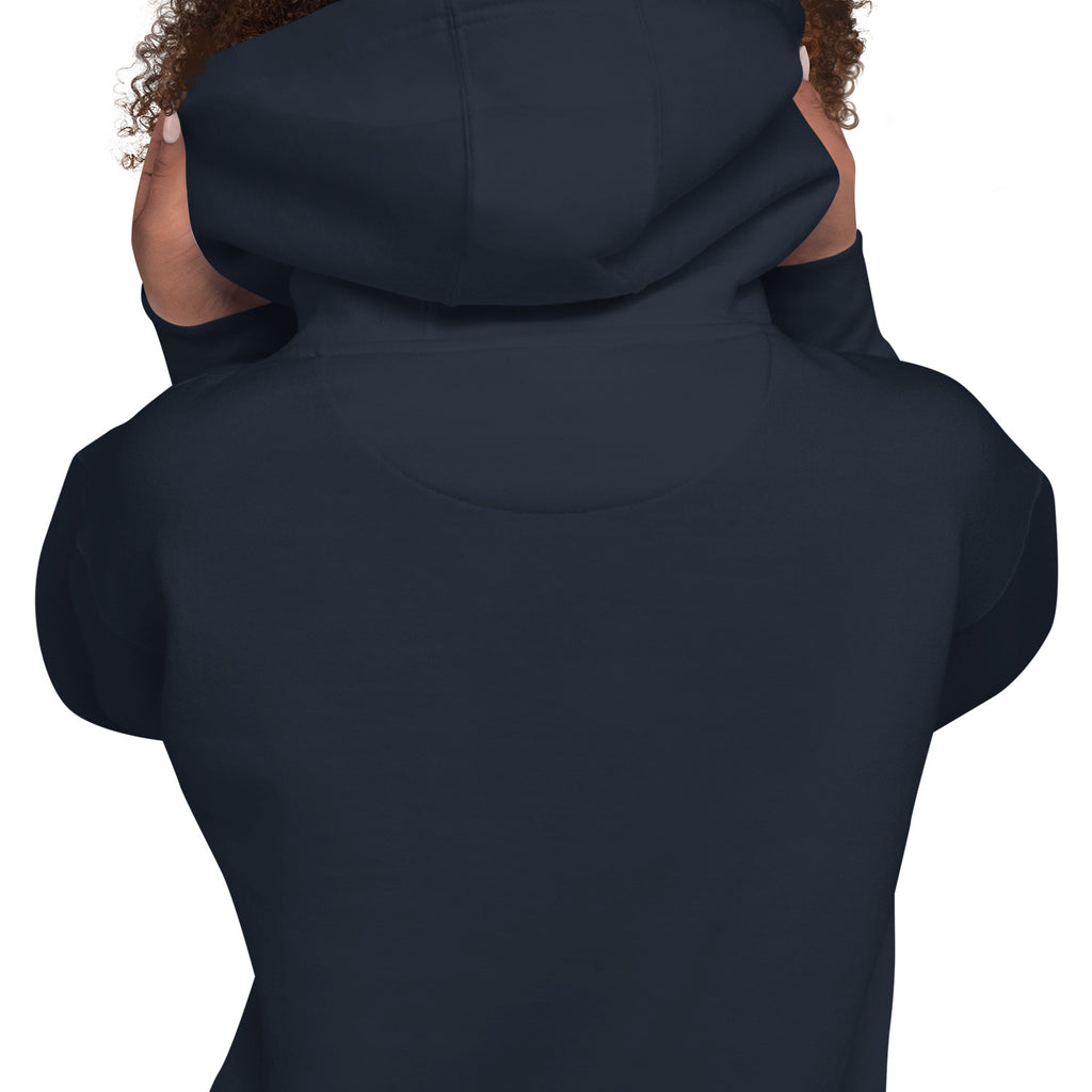 Close-up of the back of the GlacierFox Women’s Slam Dunk Gilbert Hoodie showing clean minimalist sweatshirt design and smooth fabric finish in navy blazer