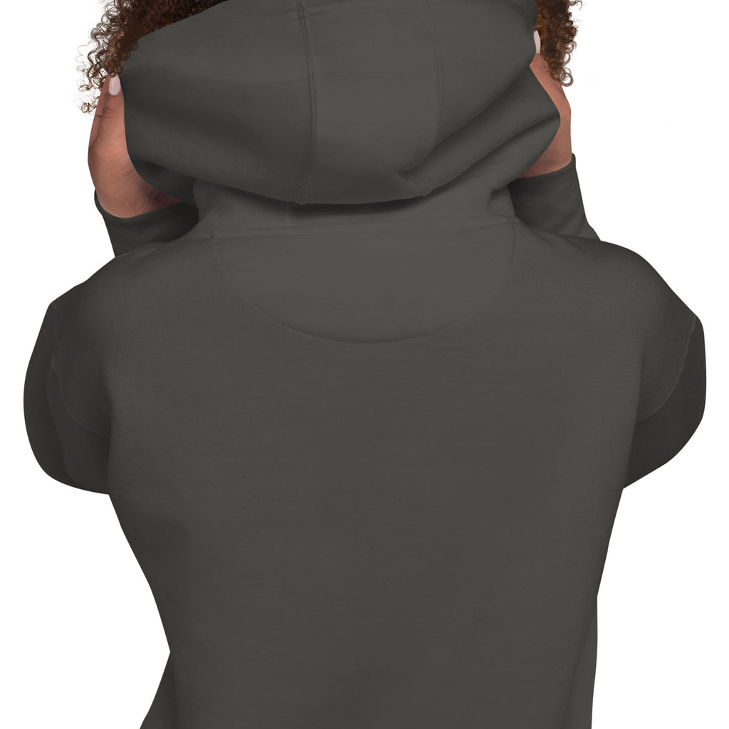 Close-up of the back of the GlacierFox Women’s Slam Dunk Gilbert Hoodie showing clean minimalist sweatshirt design and smooth fabric finish in vintage black