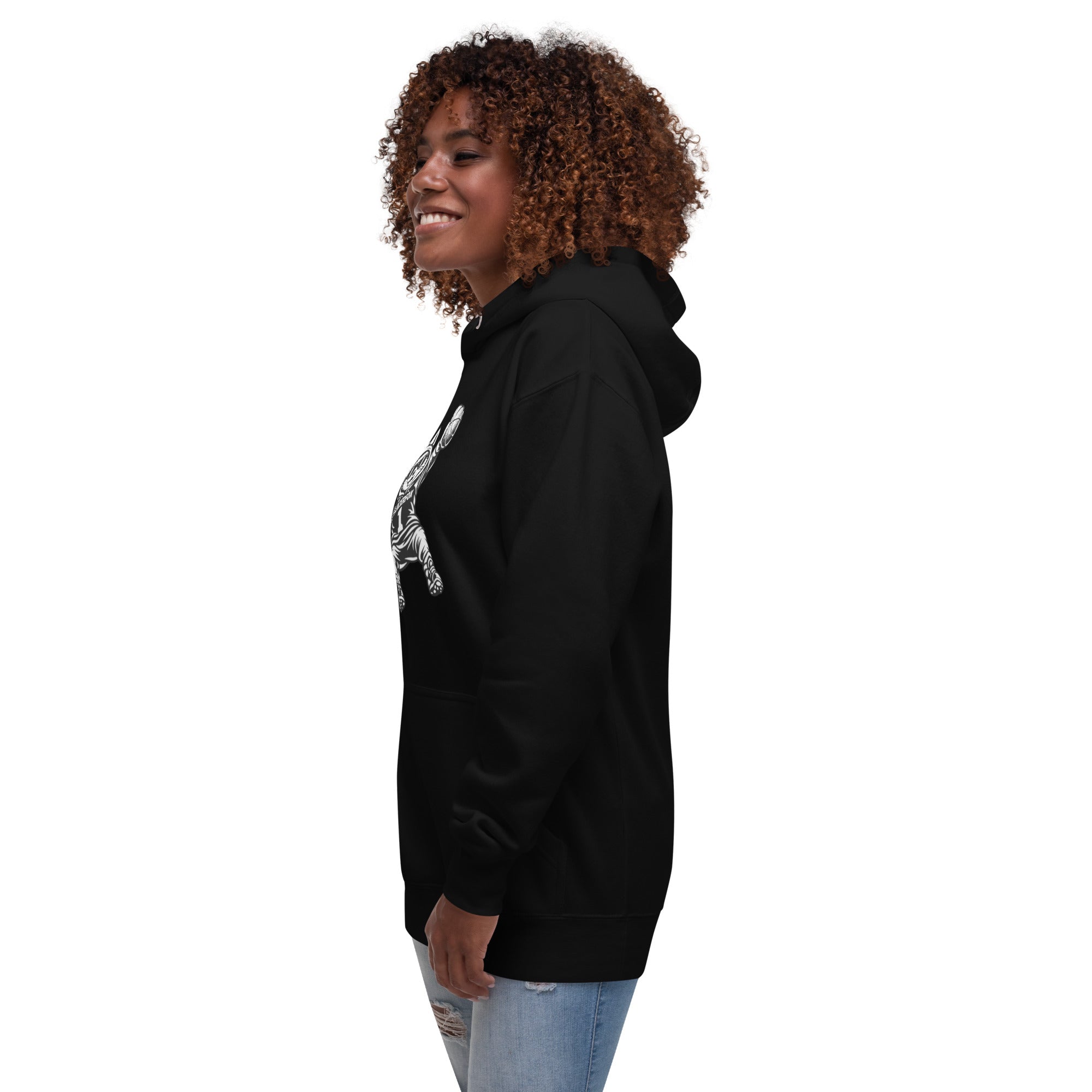 Side view of GlacierFox Women’s Slam Dunk Gilbert Hoodie with modern streetwear silhouette in black