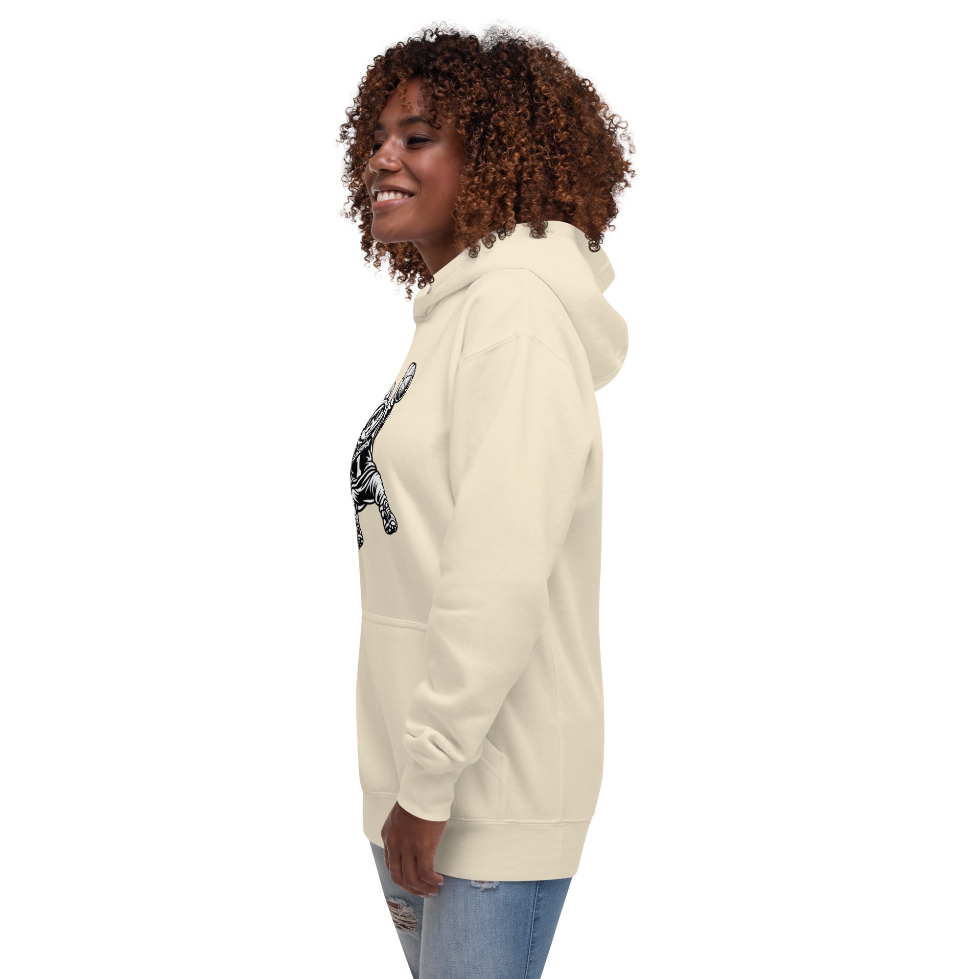 Side view of GlacierFox Women’s Slam Dunk Gilbert Hoodie with modern streetwear silhouette in bone