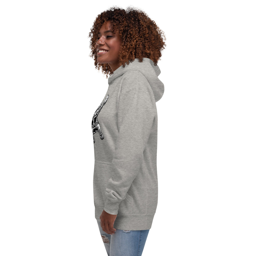 Side view of GlacierFox Women’s Slam Dunk Gilbert Hoodie with modern streetwear silhouette in carbon grey
