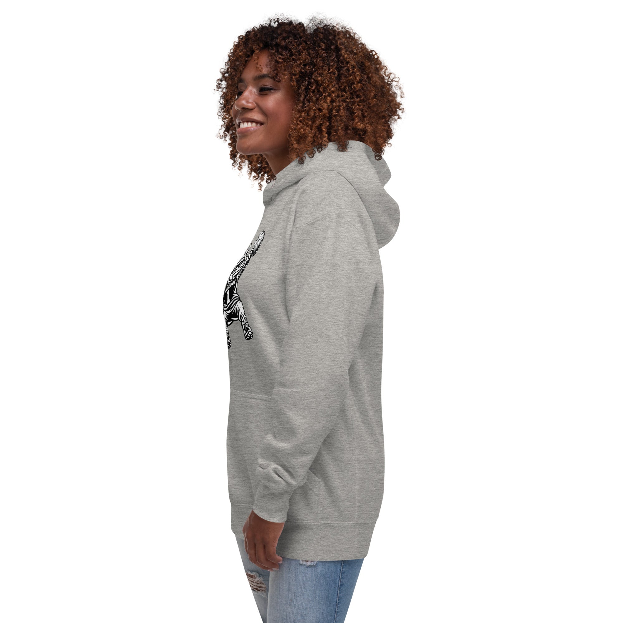 Side view of GlacierFox Women’s Slam Dunk Gilbert Hoodie with modern streetwear silhouette in carbon grey