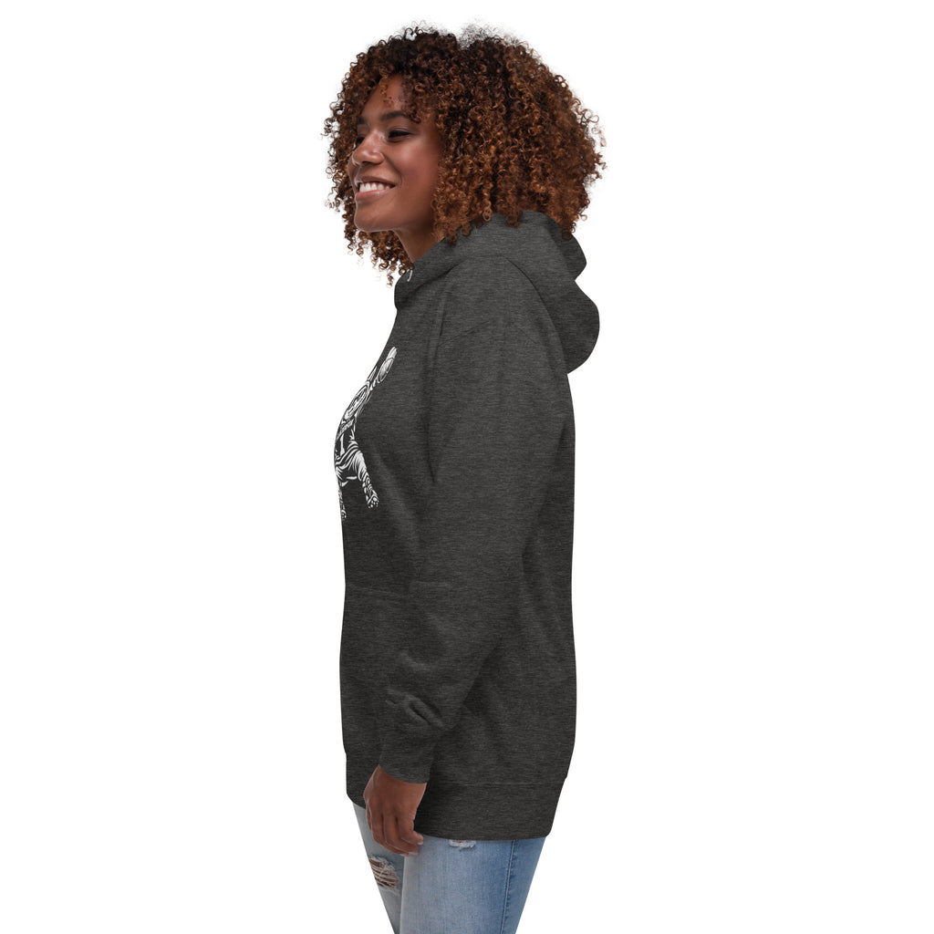 Side view of GlacierFox Women’s Slam Dunk Gilbert Hoodie with modern streetwear silhouette in charcoal heather