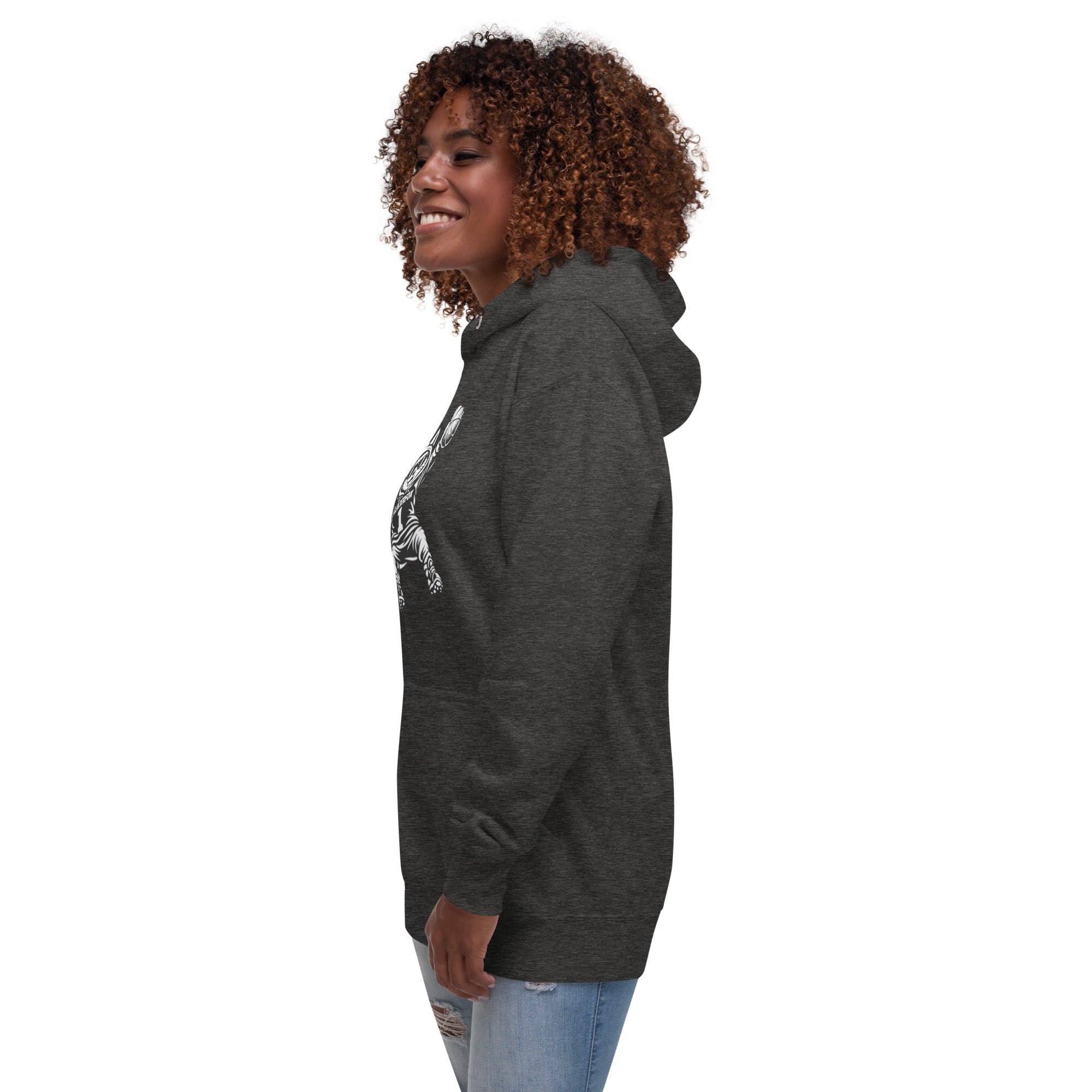 Side view of GlacierFox Women’s Slam Dunk Gilbert Hoodie with modern streetwear silhouette in charcoal heather
