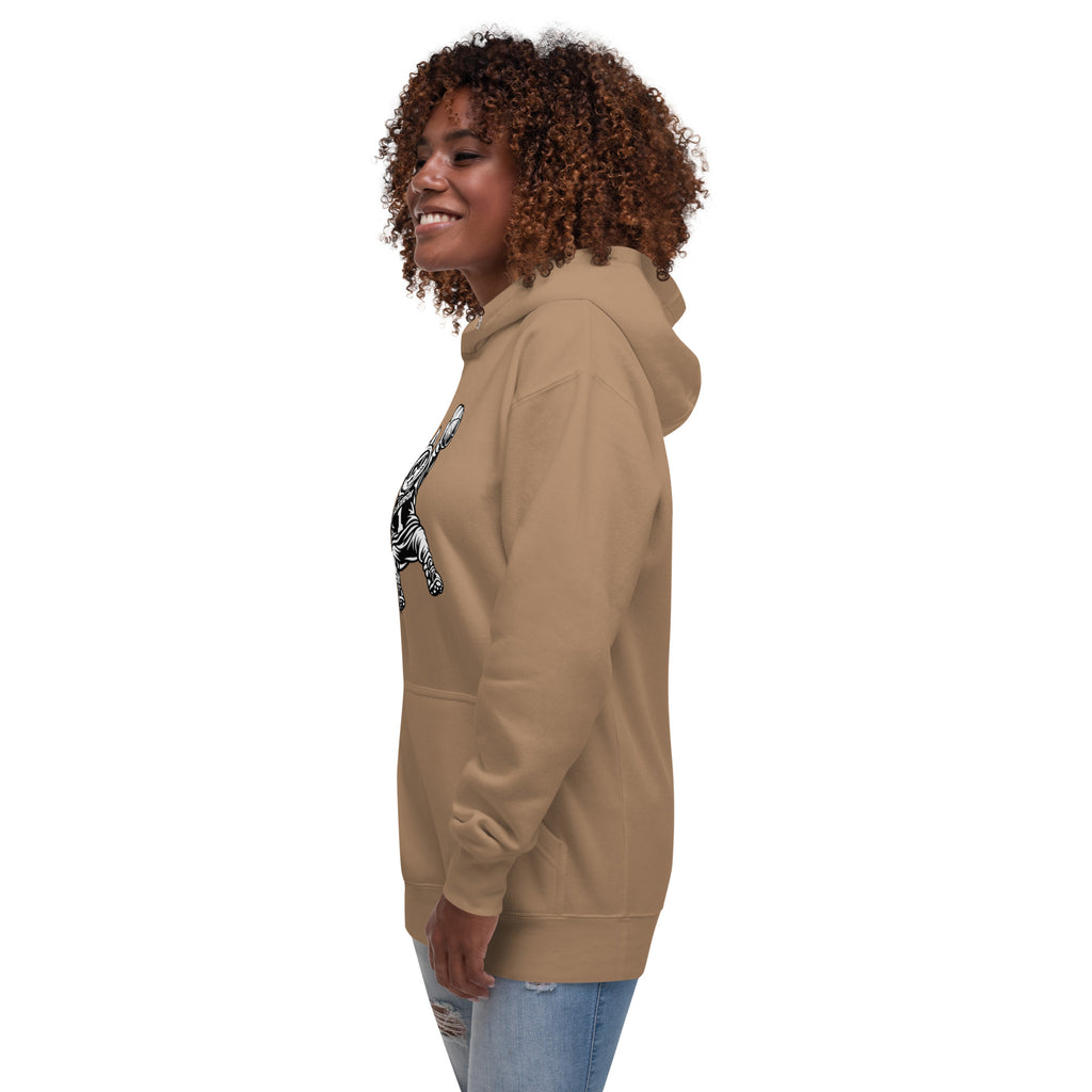 Side view of GlacierFox Women’s Slam Dunk Gilbert Hoodie with modern streetwear silhouette in latte