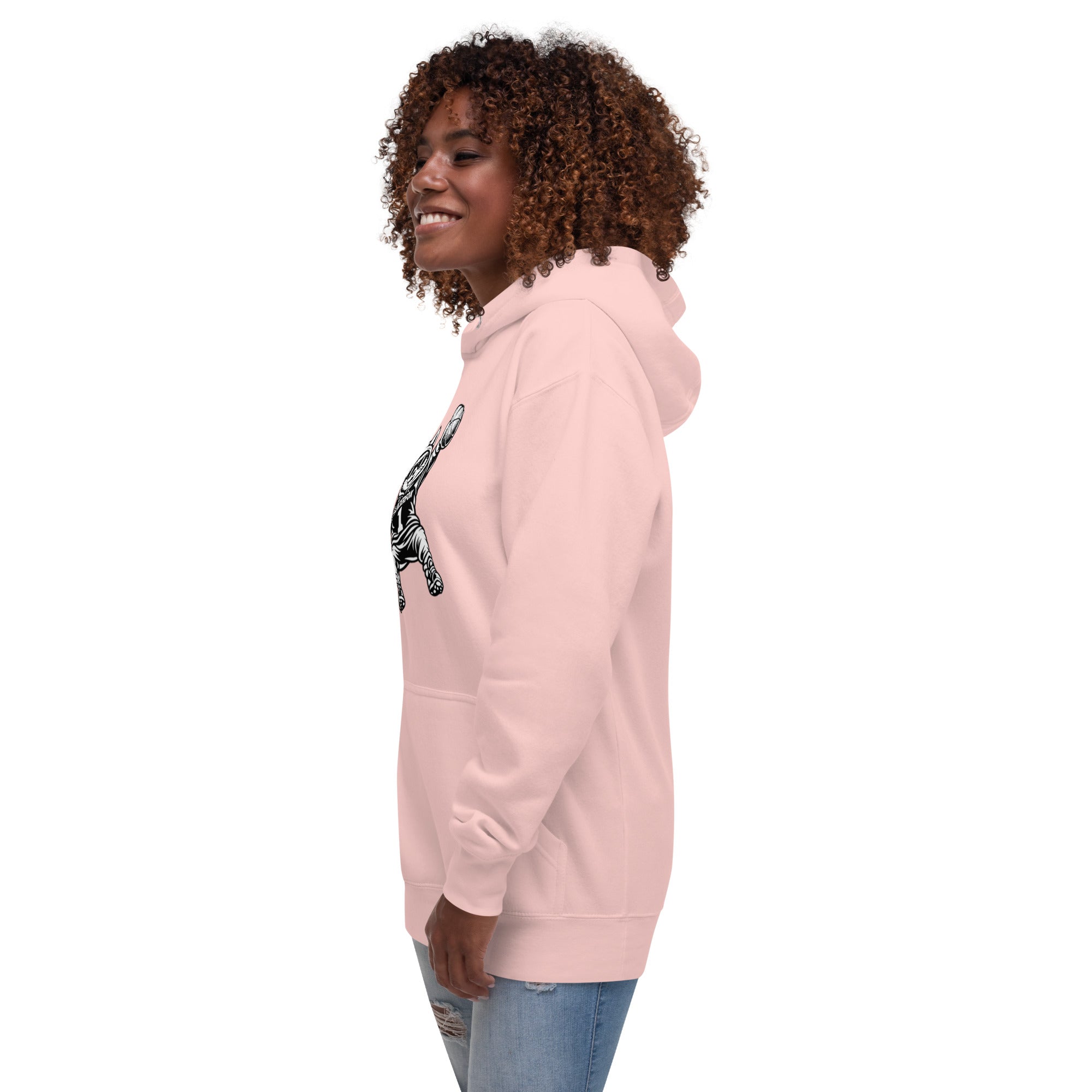 Side view of GlacierFox Women’s Slam Dunk Gilbert Hoodie with modern streetwear silhouette in light pink