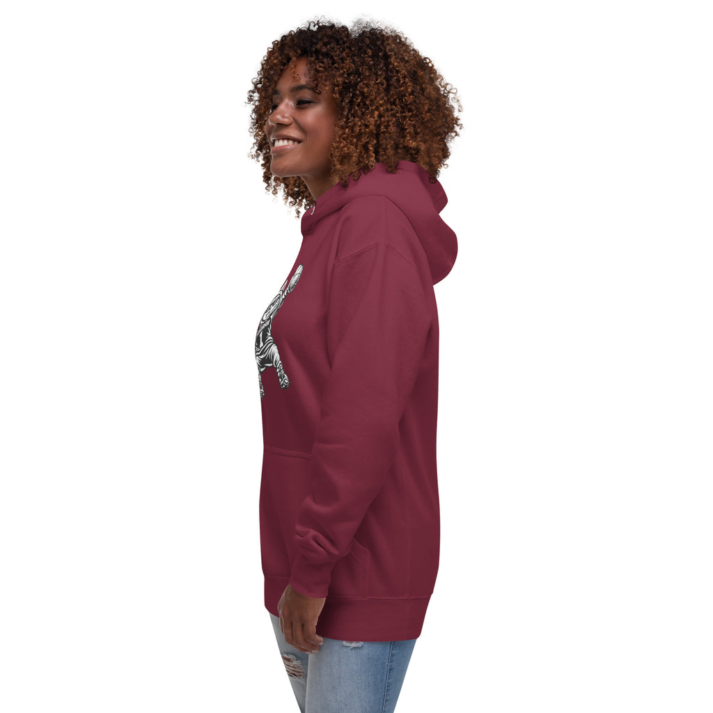 Side view of GlacierFox Women’s Slam Dunk Gilbert Hoodie with modern streetwear silhouette in maroon
