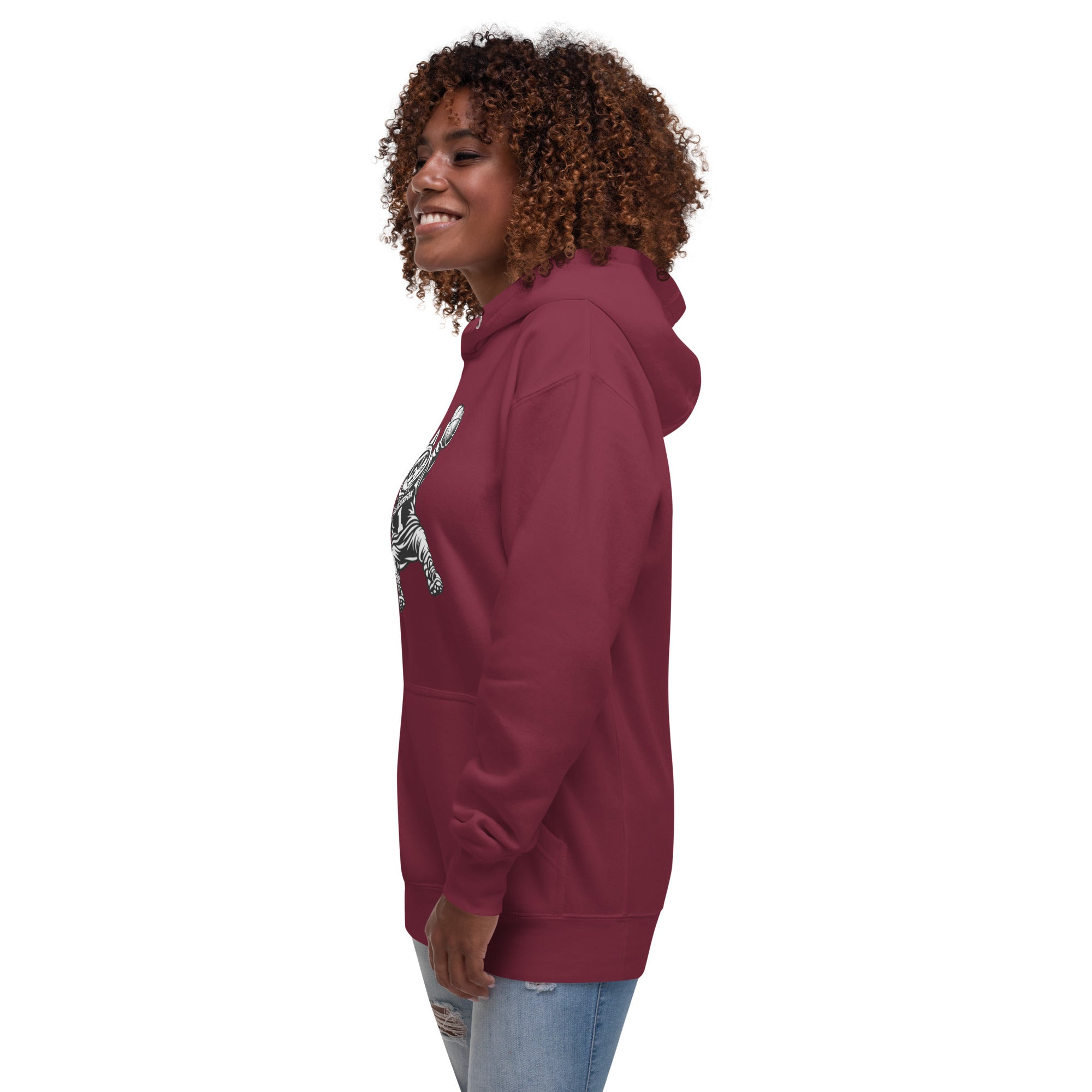 Side view of GlacierFox Women’s Slam Dunk Gilbert Hoodie with modern streetwear silhouette in maroon