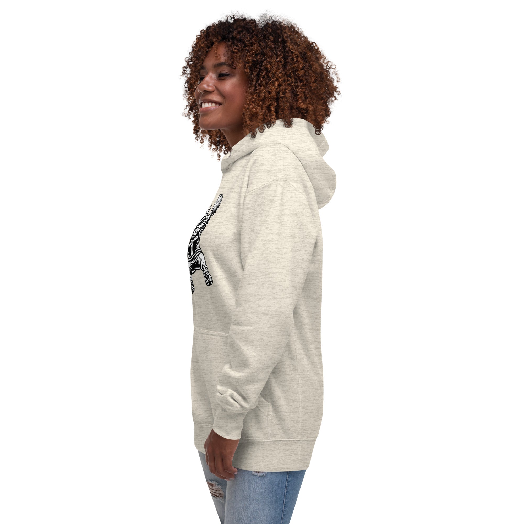 Side view of GlacierFox Women’s Slam Dunk Gilbert Hoodie with modern streetwear silhouette in oatmeal