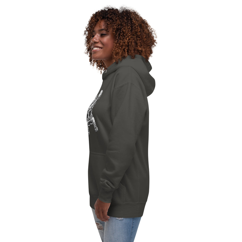 Side view of GlacierFox Women’s Slam Dunk Gilbert Hoodie with modern streetwear silhouette in vintage black