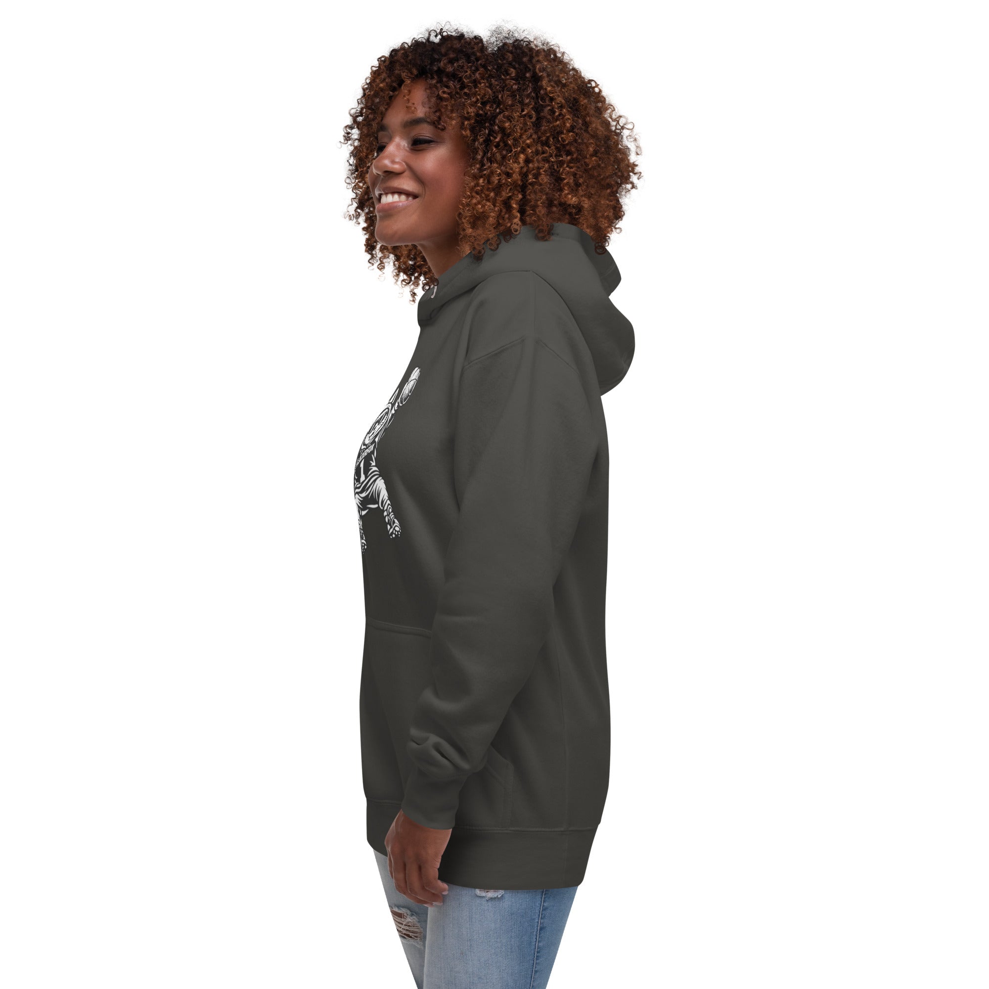 Side view of GlacierFox Women’s Slam Dunk Gilbert Hoodie with modern streetwear silhouette in vintage black