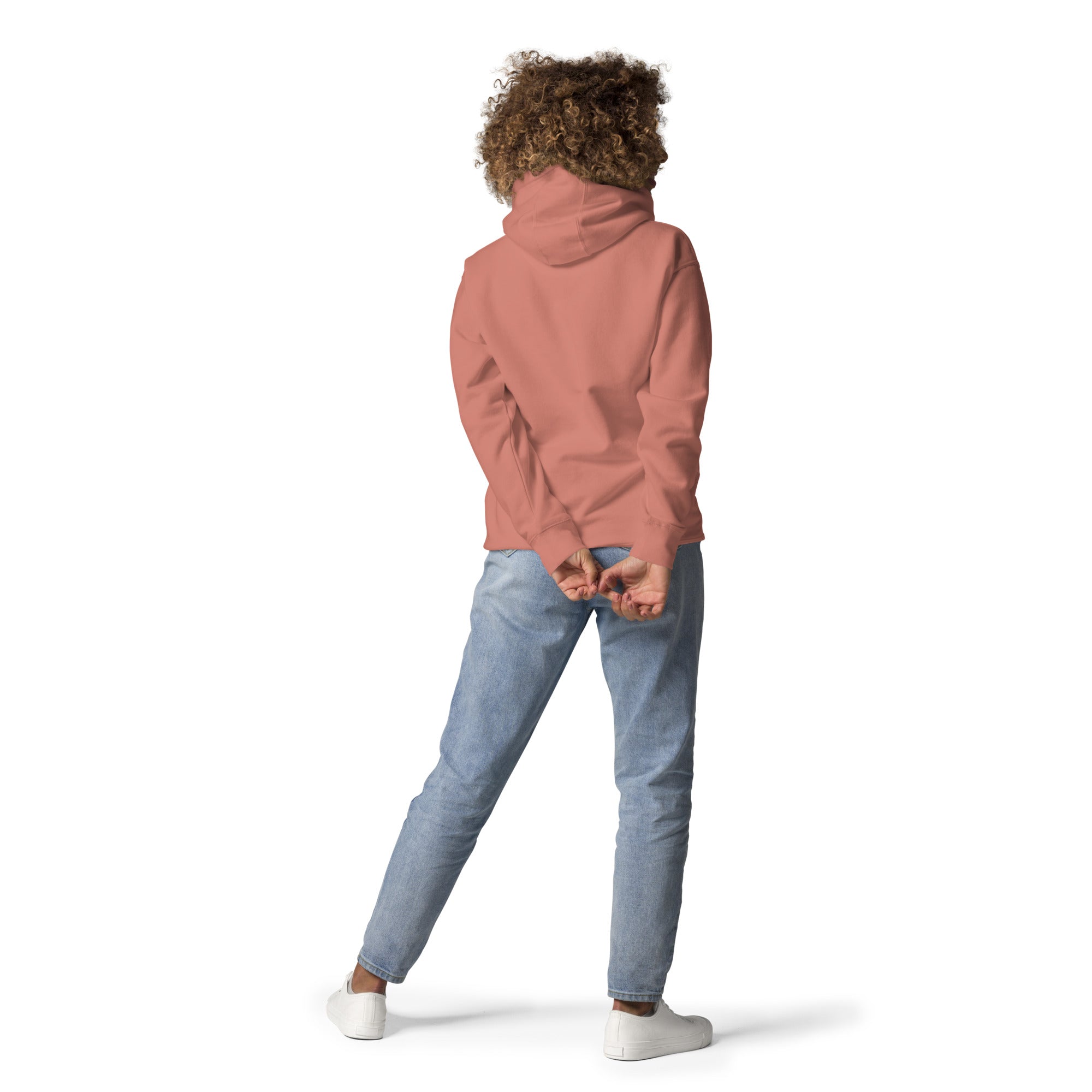 Back view of model wearing GlacierFox women’s Sunset hoodie showing a clean minimalist back and relaxed streetwear fit in Dusty Rose