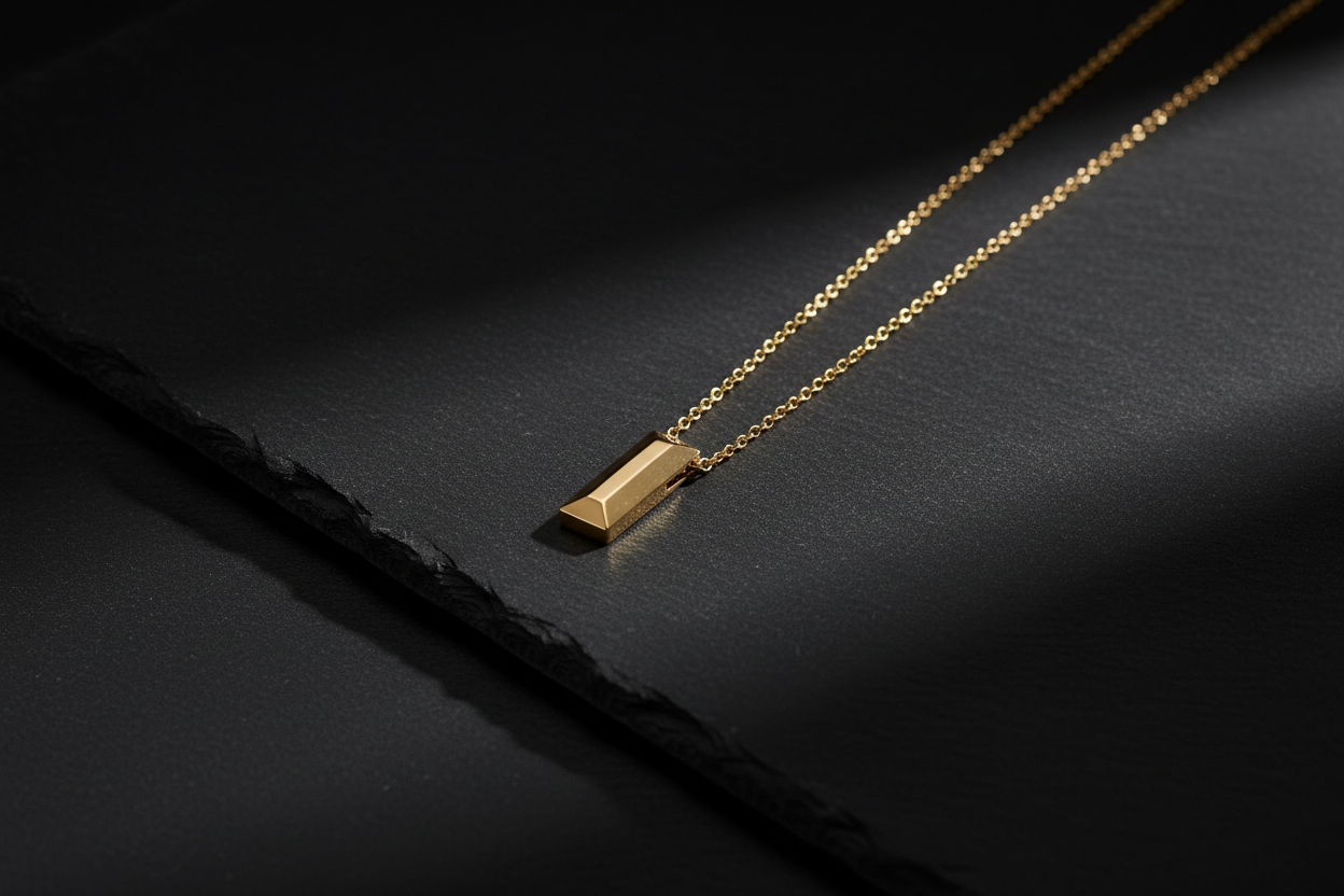 Gold necklace with a geometric pendant on a dark surface